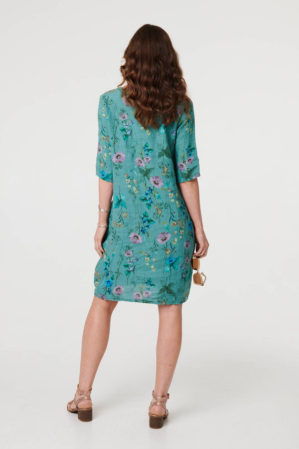 Teal | Floral 3/4 Sleeve Short Shift Dress