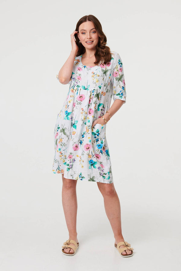 White | Floral 3/4 Sleeve Short Shift Dress