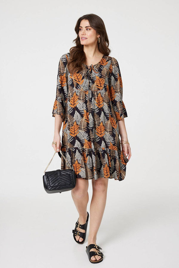 Black | Leaf Print Knee Length Relaxed Dress