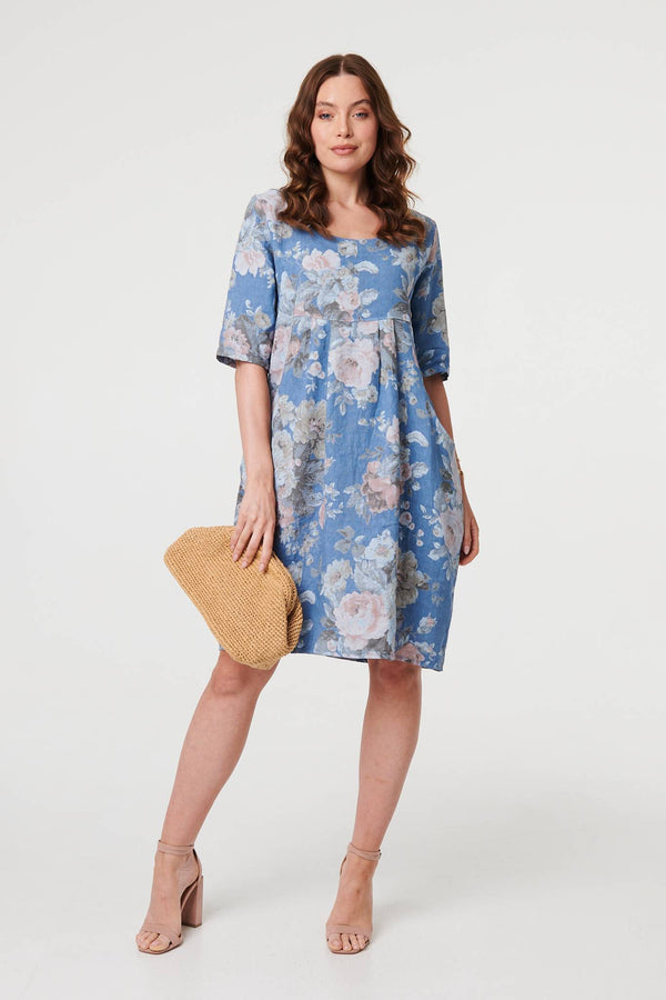 Blue | Floral 3/4 Sleeve Relaxed Short Dress