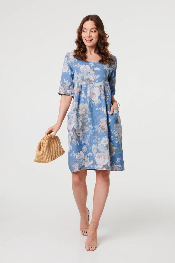 Blue | Floral 3/4 Sleeve Relaxed Short Dress