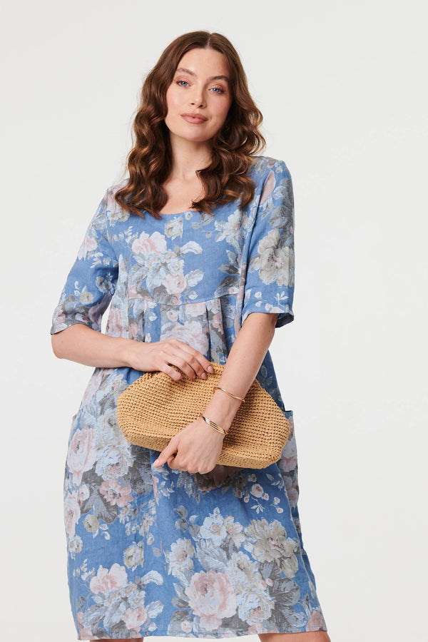 Blue | Floral 3/4 Sleeve Relaxed Short Dress