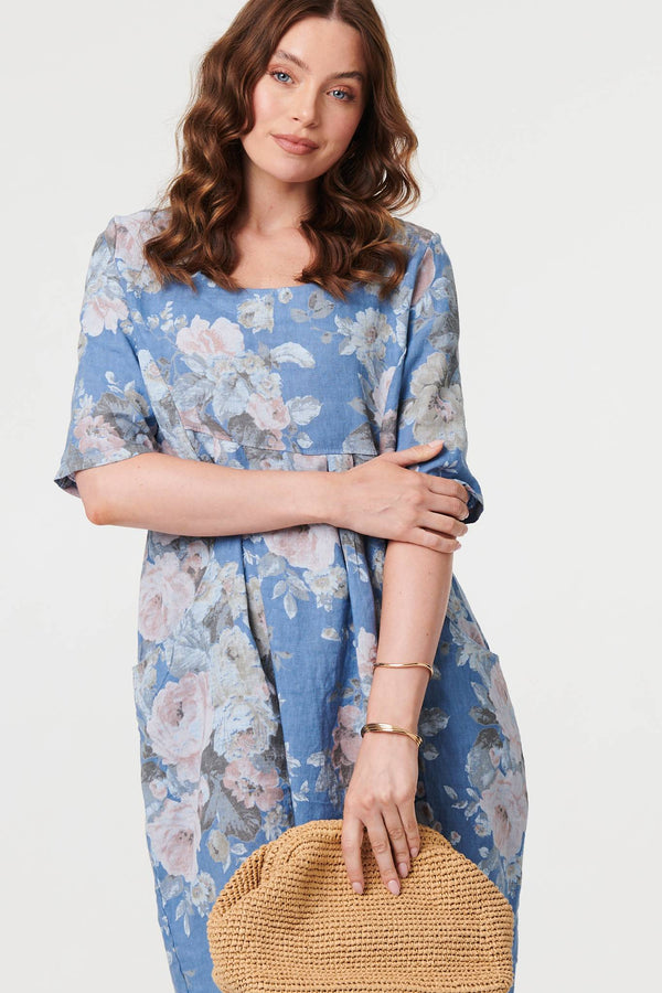 Blue | Floral 3/4 Sleeve Relaxed Short Dress