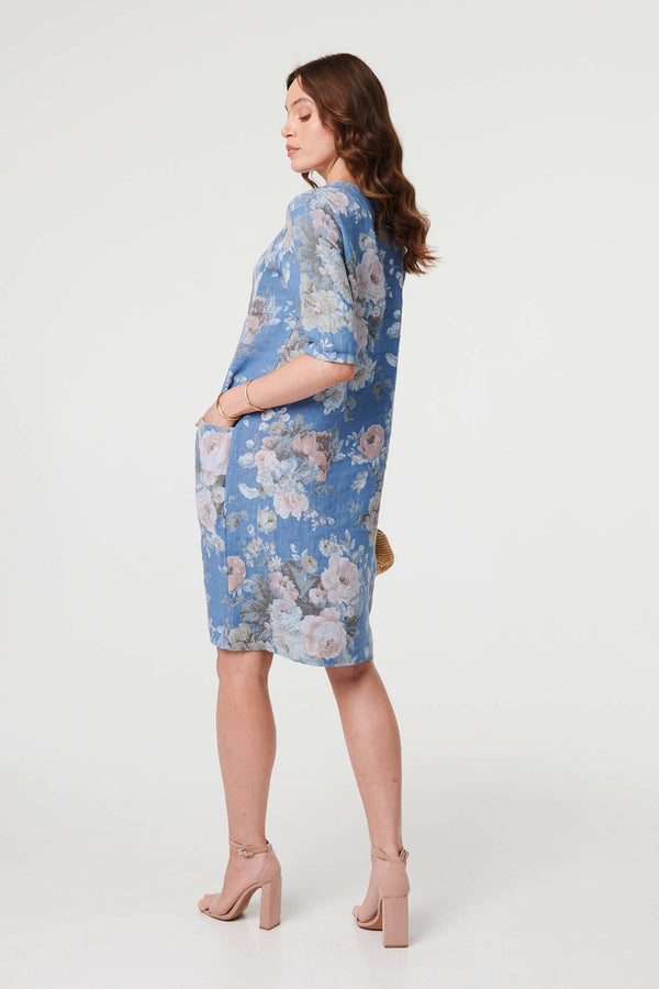 Blue | Floral 3/4 Sleeve Relaxed Short Dress