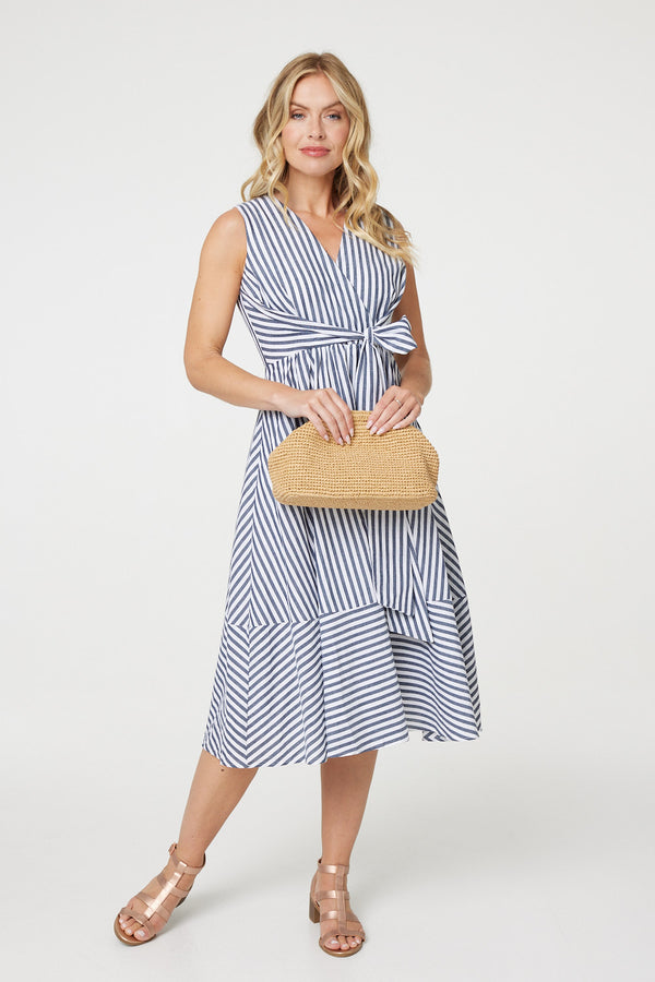 Navy | Striped Tie Waist Tiered Midi Dress : Model is 5'10"/178 cm and wears UK8/EU36/US4/AUS8