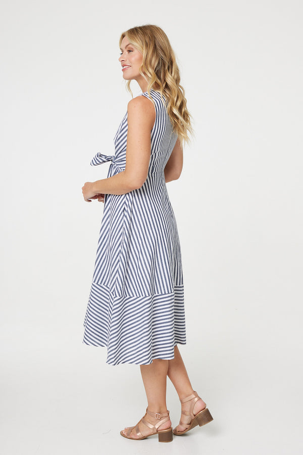 Navy | Striped Tie Waist Tiered Midi Dress