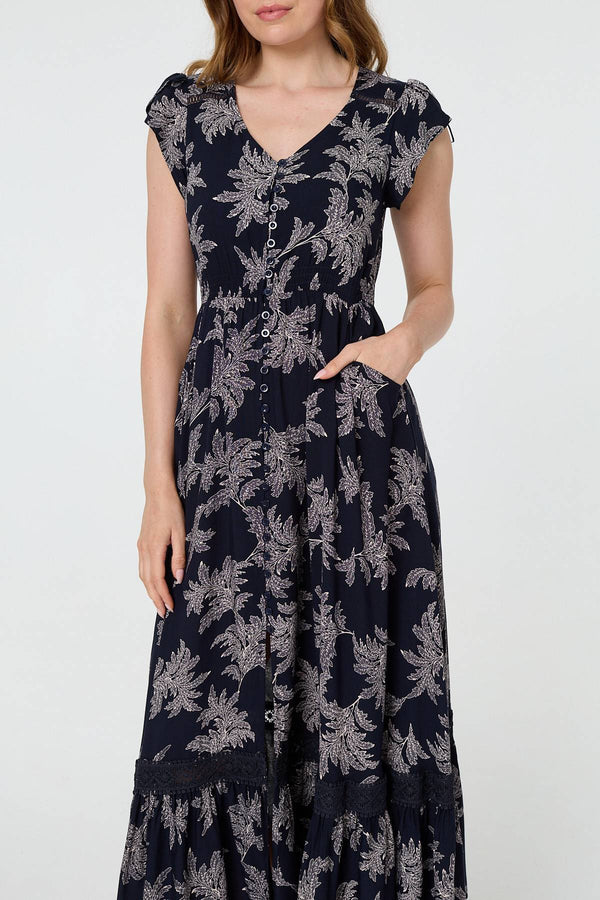 Navy | Leaf Print Shirred Lace Trim Maxi Dress