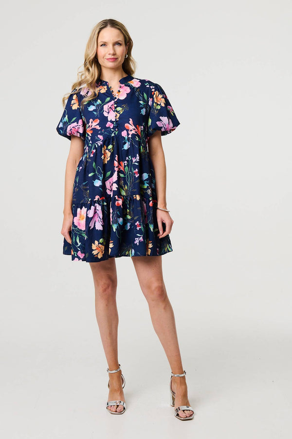 Blue | Floral High Neck Puff Sleeve Mini Dress