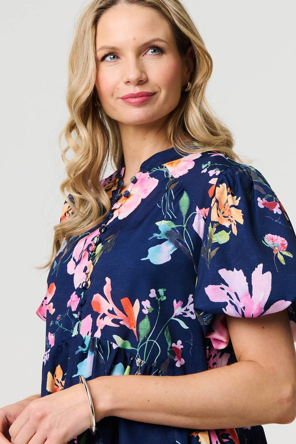 Blue | Floral High Neck Puff Sleeve Mini Dress