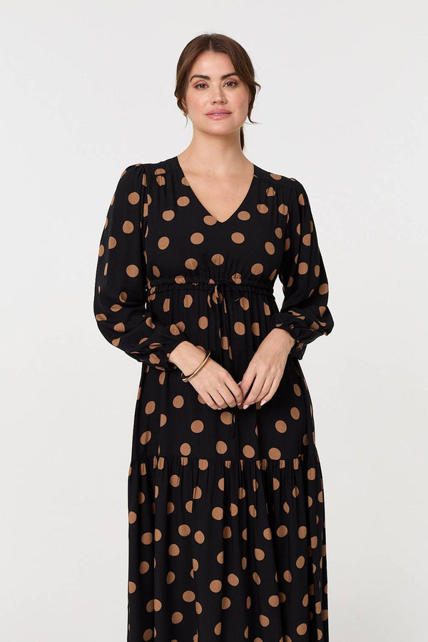 Black | Polka Dot Tie Empire Waist Maxi Dress