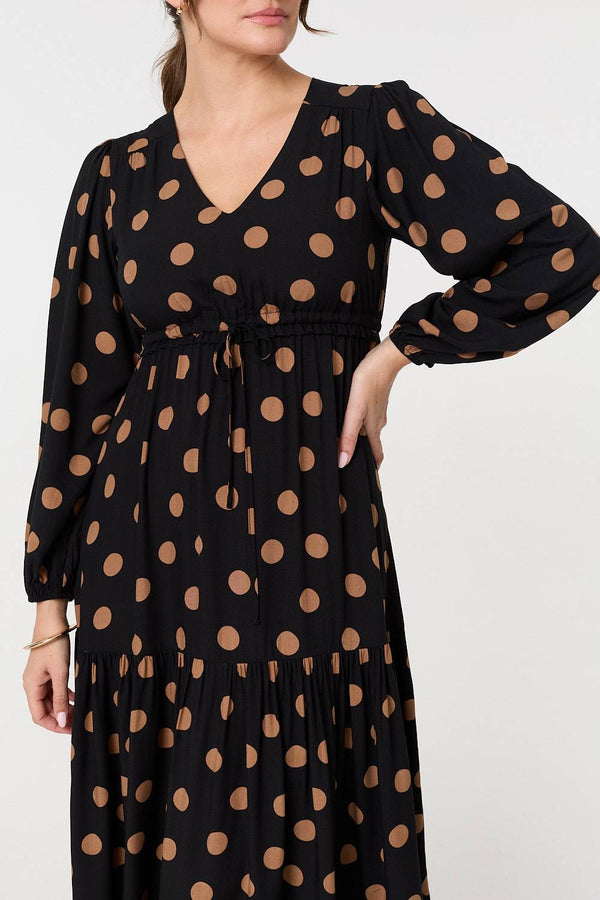 Black | Polka Dot Tie Empire Waist Maxi Dress