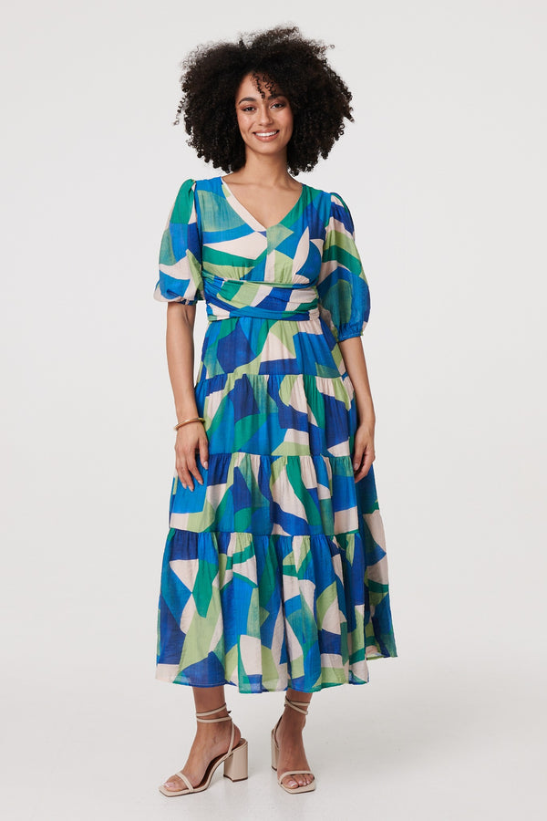 Green | Abstract Ruched 3/4 Sleeve Midi Dress