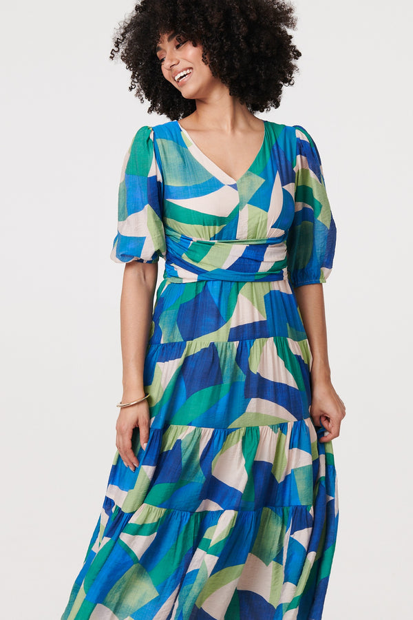 Green | Abstract Ruched 3/4 Sleeve Midi Dress