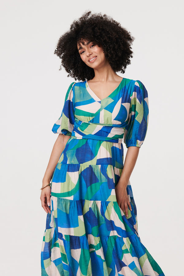 Green | Abstract Ruched 3/4 Sleeve Midi Dress