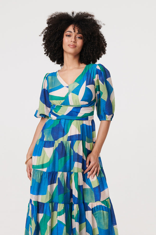 Green | Abstract Ruched 3/4 Sleeve Midi Dress
