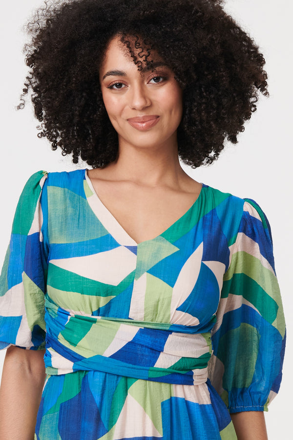 Green | Abstract Ruched 3/4 Sleeve Midi Dress