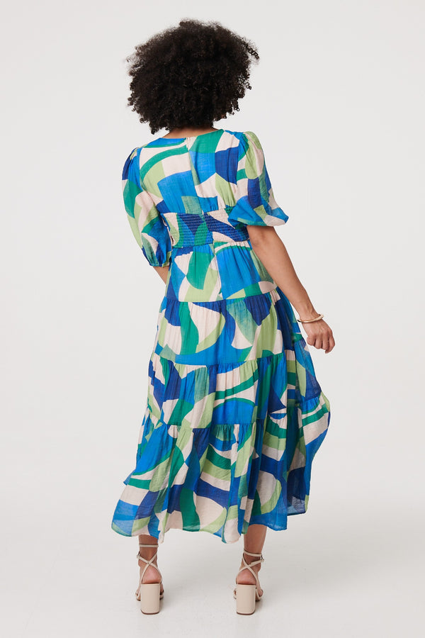 Green | Abstract Ruched 3/4 Sleeve Midi Dress