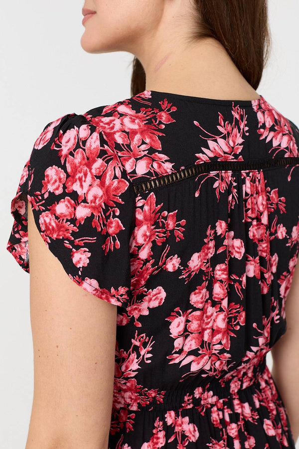 Black | Floral Lace Trim V-Neck Shirred Midi Dress
