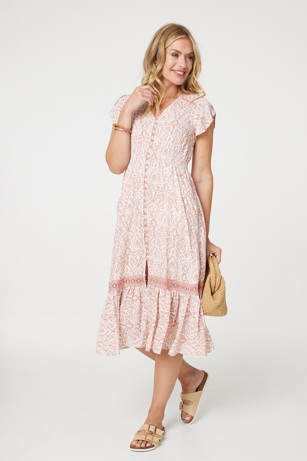 Pink | Printed Cap Sleeve Lace Trim Midi Dress