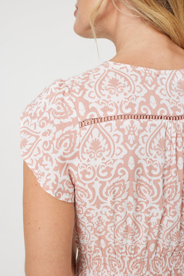 Pink | Printed Cap Sleeve Lace Trim Midi Dress