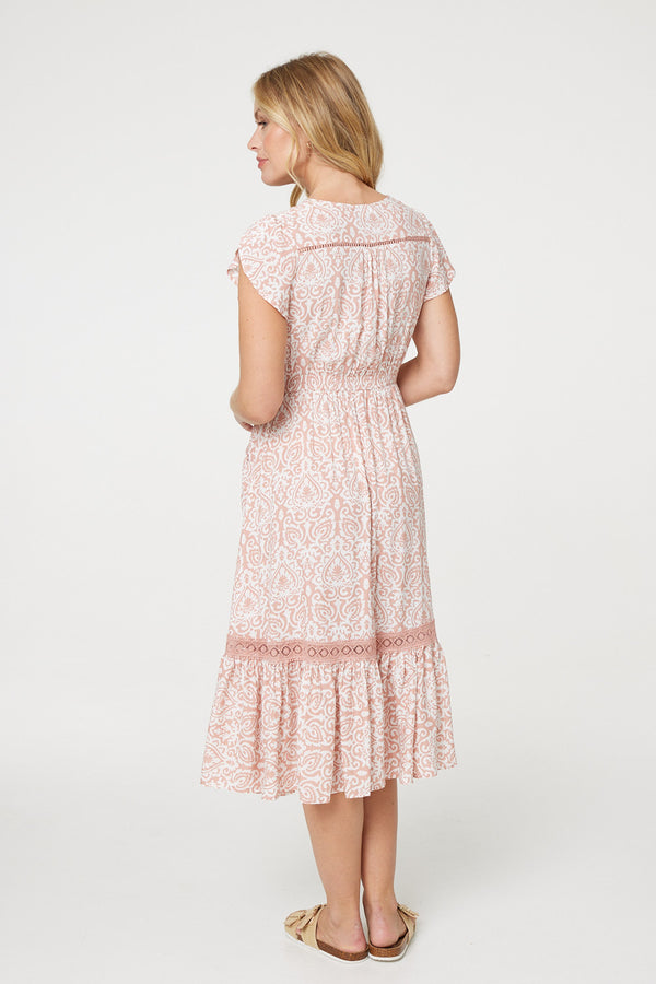 Pink | Printed Cap Sleeve Lace Trim Midi Dress