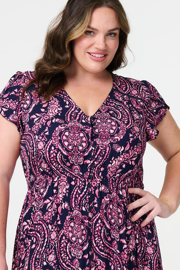 Navy | Printed Short Sleeve Lace Trim Midi Dress