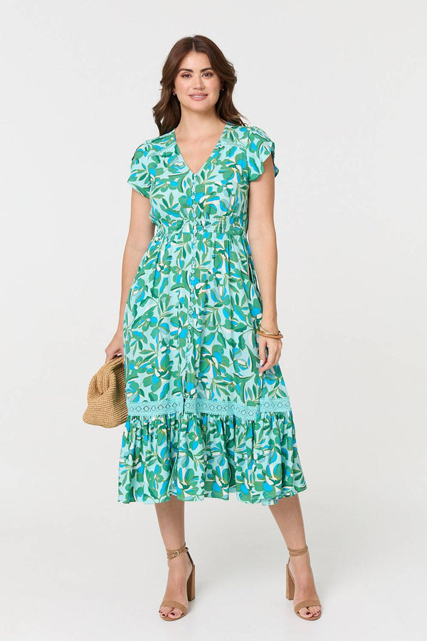 Green | Leaf Print Cap Sleeve Lace Trim Midi Dress