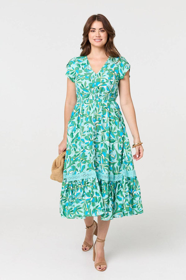 Green | Leaf Print Cap Sleeve Lace Trim Midi Dress