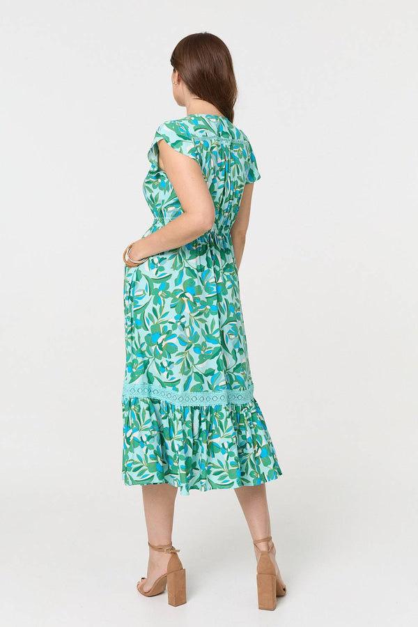 Green | Leaf Print Cap Sleeve Lace Trim Midi Dress