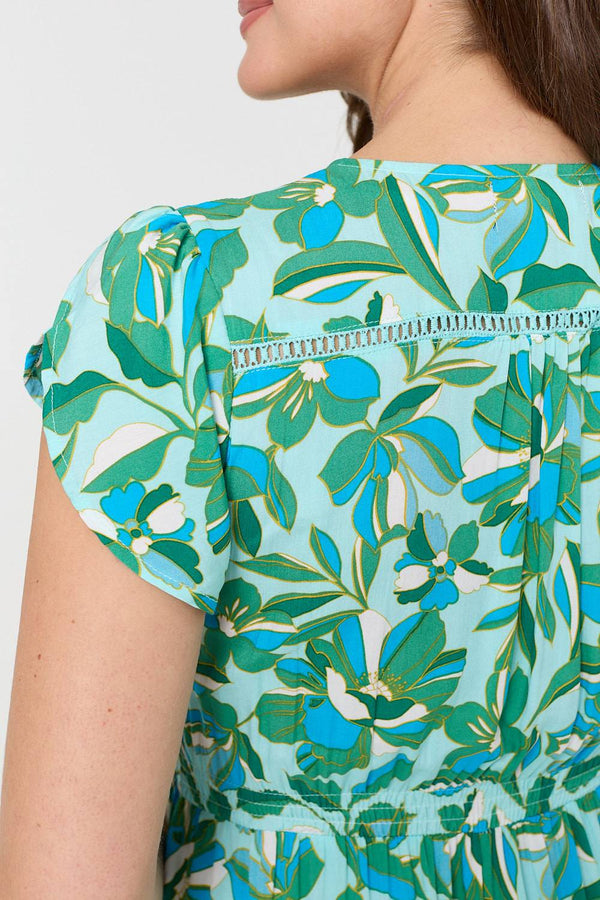 Green | Leaf Print Cap Sleeve Lace Trim Midi Dress