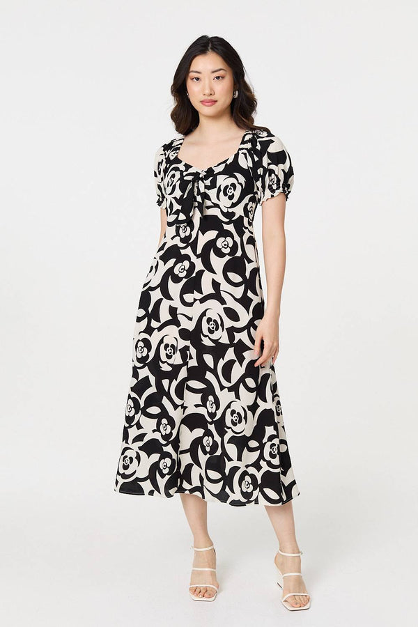 Black | Abstract Tie Up Bardot Midi Dress