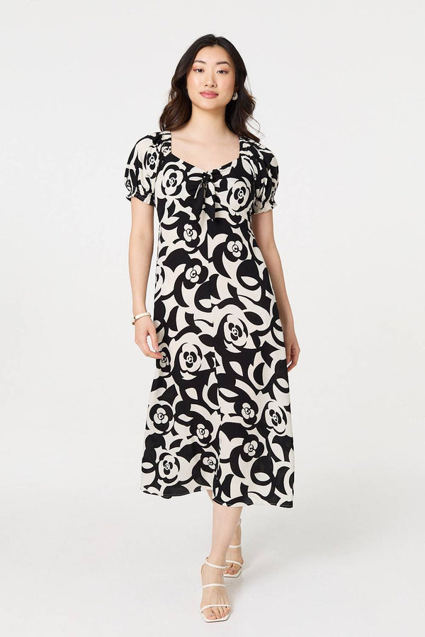 Black | Abstract Tie Up Bardot Midi Dress