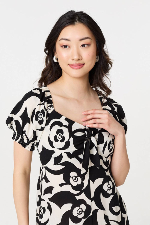 Black | Abstract Tie Up Bardot Midi Dress