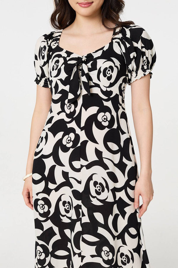 Black | Abstract Tie Up Bardot Midi Dress