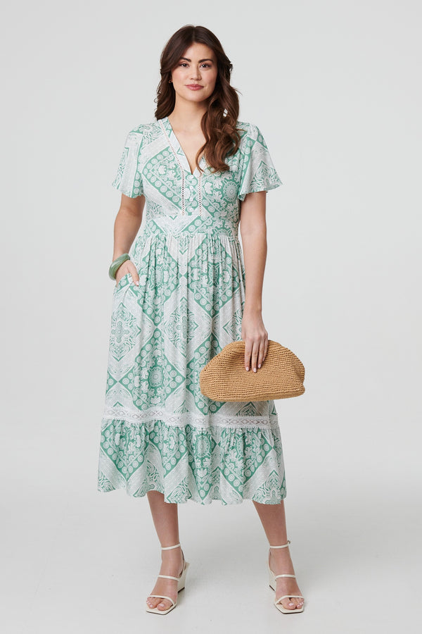 Sage | Mosaic Print Angel Sleeve Midi Dress