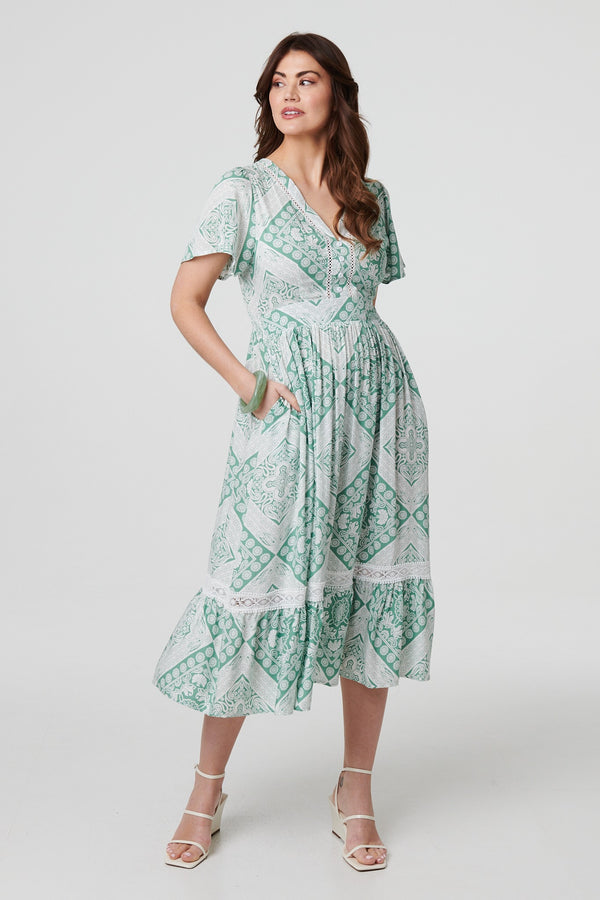 Sage | Mosaic Print Angel Sleeve Midi Dress