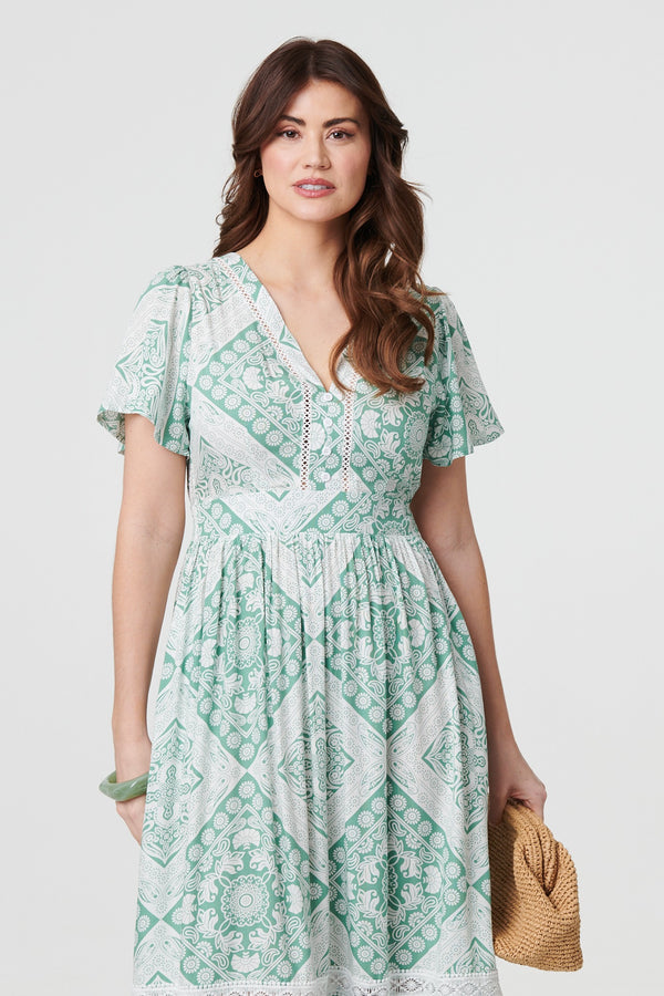 Sage | Mosaic Print Angel Sleeve Midi Dress