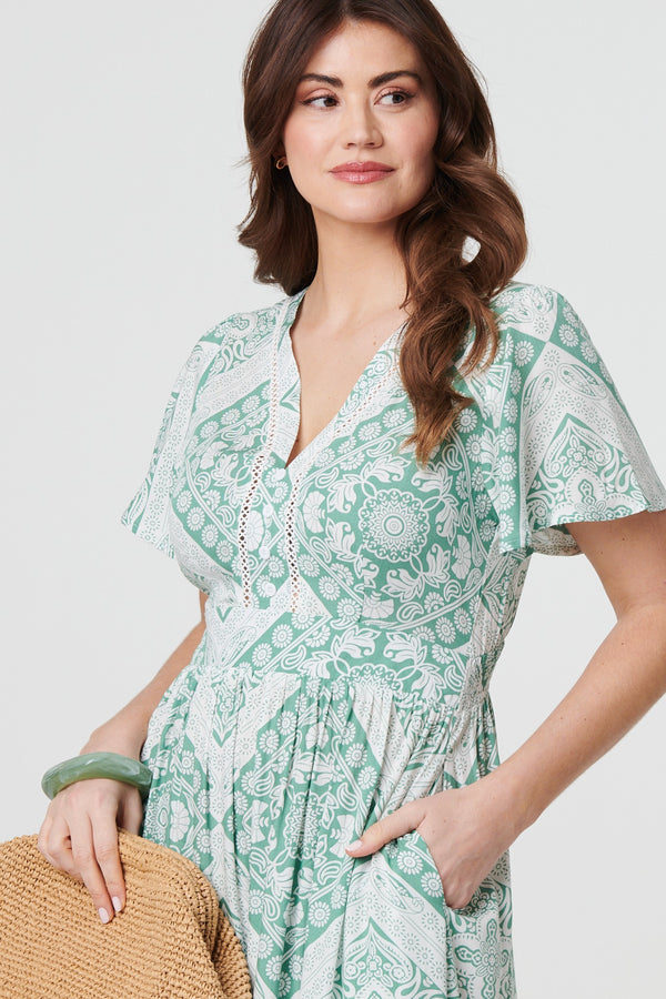Sage | Mosaic Print Angel Sleeve Midi Dress