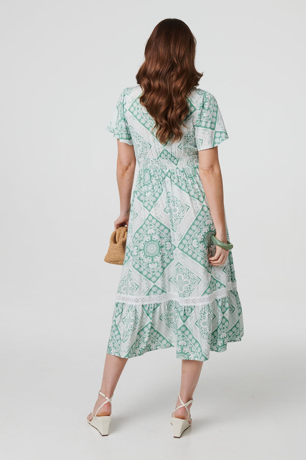 Sage | Mosaic Print Angel Sleeve Midi Dress
