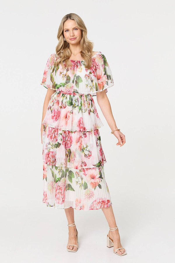 White | Floral Tiered Pleated Midi Dress