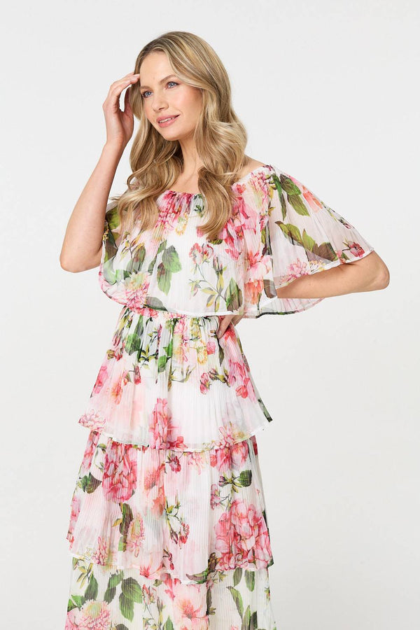 White | Floral Tiered Pleated Midi Dress