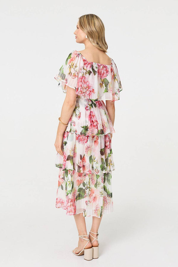 White | Floral Tiered Pleated Midi Dress
