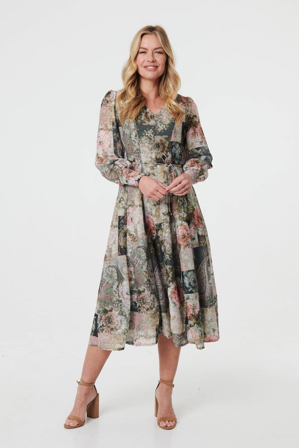 Olive | Patchwork Print Tie Waist Midi Dress