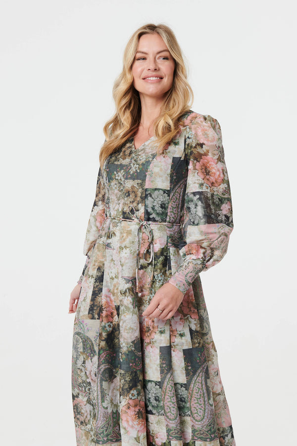 Olive | Patchwork Print Tie Waist Midi Dress