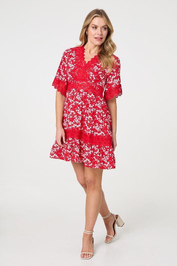 Red | Floral Lace Trim 1/2 Sleeve Mini Dress