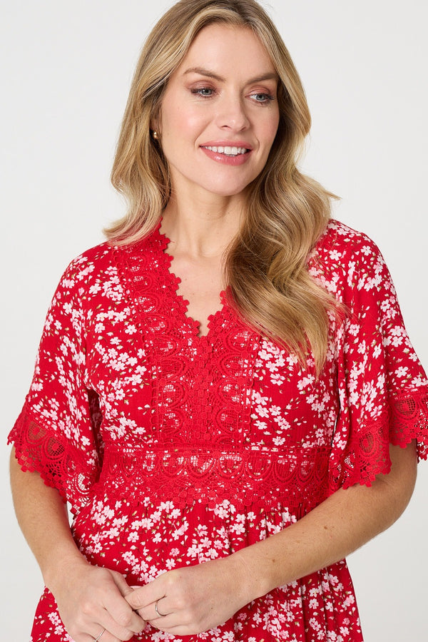 Red | Floral Lace Trim 1/2 Sleeve Mini Dress