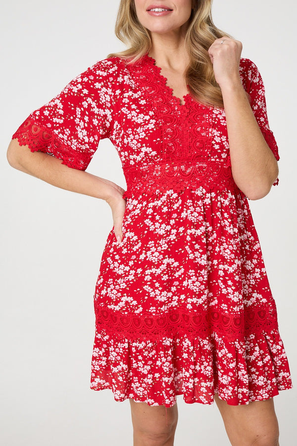 Red | Floral Lace Trim 1/2 Sleeve Mini Dress