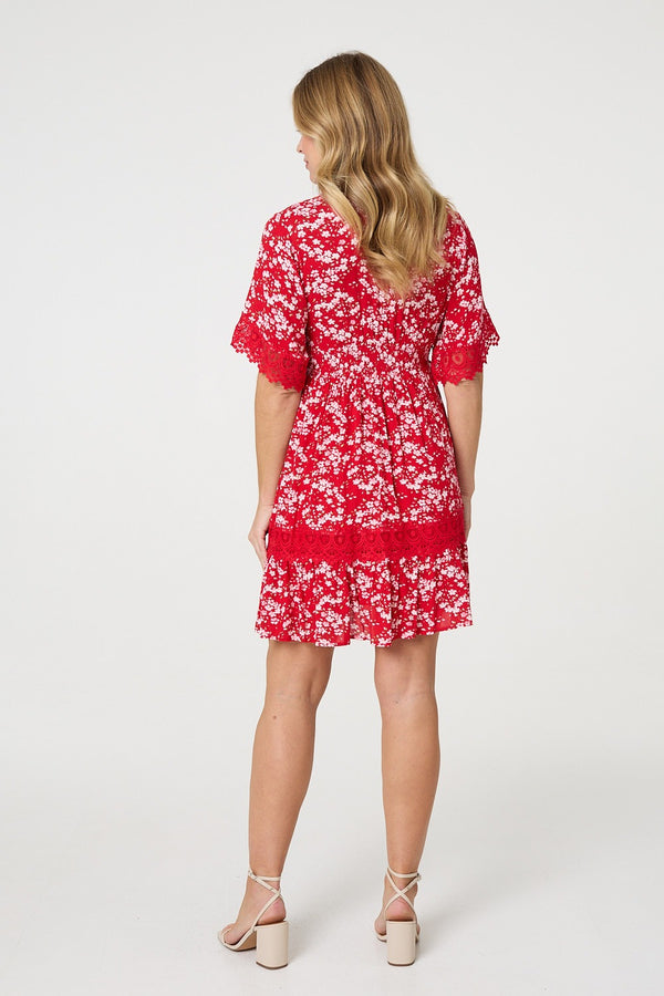 Red | Floral Lace Trim 1/2 Sleeve Mini Dress