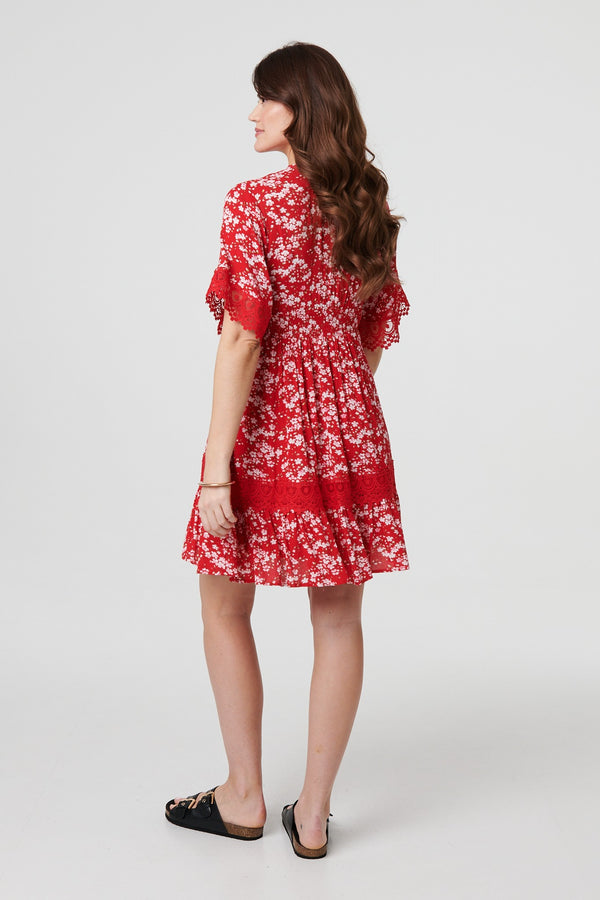 Red | Floral Lace Trim 1/2 Sleeve Mini Dress