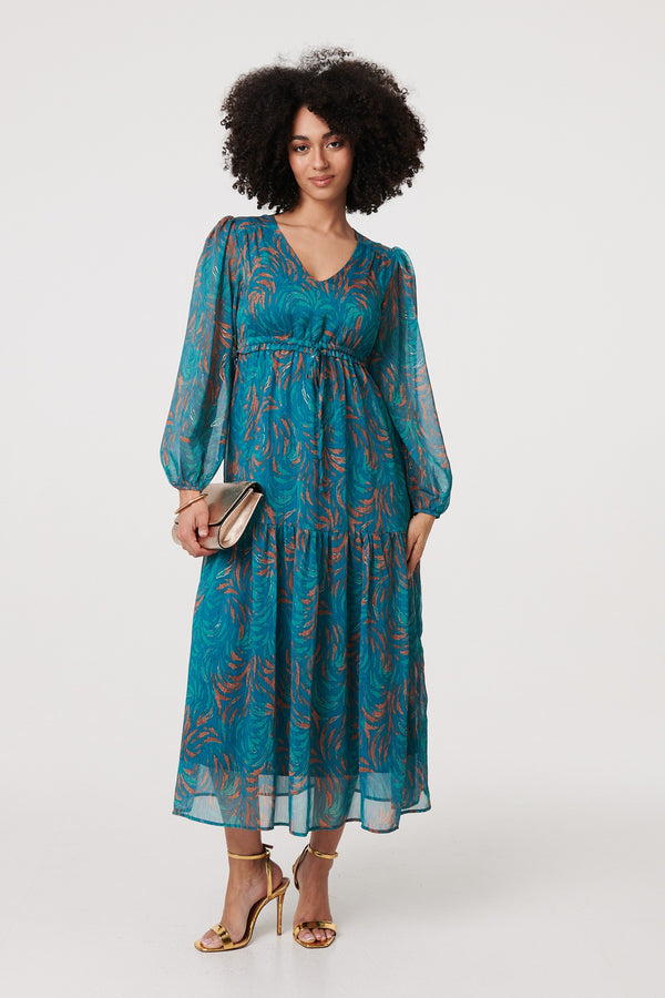Teal | Leaf Print Sheer Tie Waist Maxi Dress